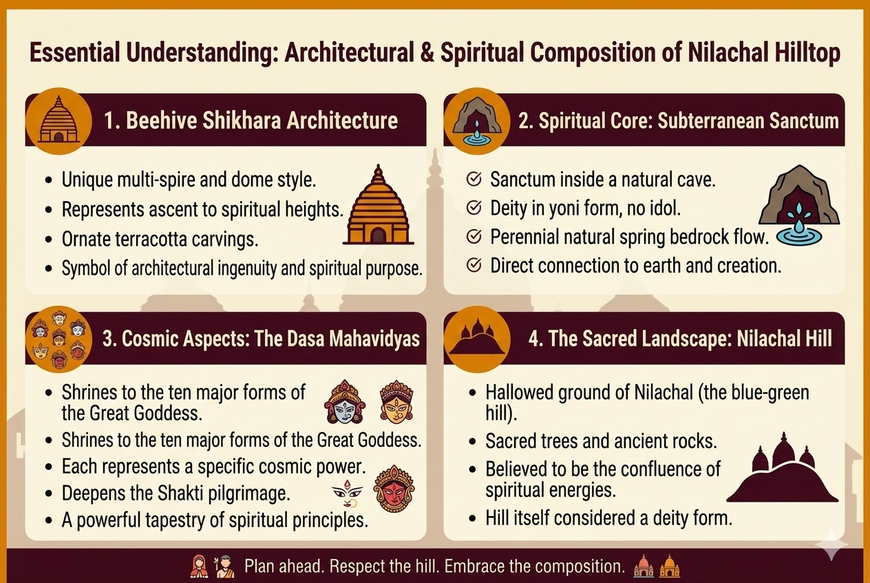 Infographic of Kamakhya Temple hilltop composition detailing the beehive shikhara architecture, subterranean cave sanctum, Nilachal Hill landscape, and Dasa Mahavidya shrines.