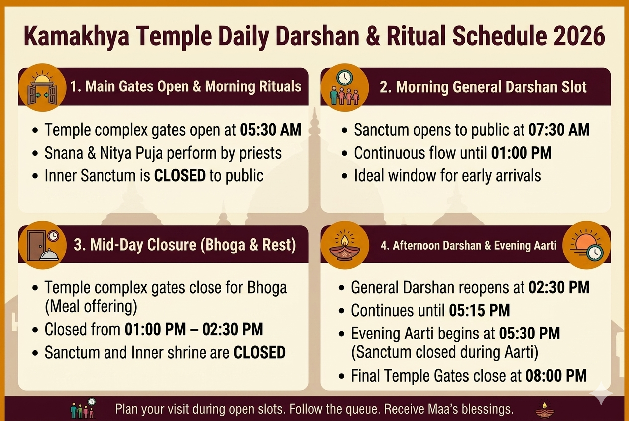 Kamakhya temple timings infographic showing the 2026 daily schedule for general darshan slots, morning opening rituals, mid-day bhoga closure, and evening aarti time at maa kamakhya mandir.